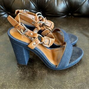 Lauren Ralph Lauren Faustine Blue Jeans and Tan Heeled Sandals Size 7.5